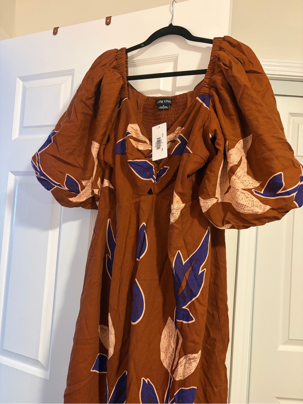 City Chic Rust Floral Puff-Sleeve Tunic with Blue & Cream Accents